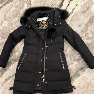 Moose Knuckles Black Puffer Coat with Fur Hood